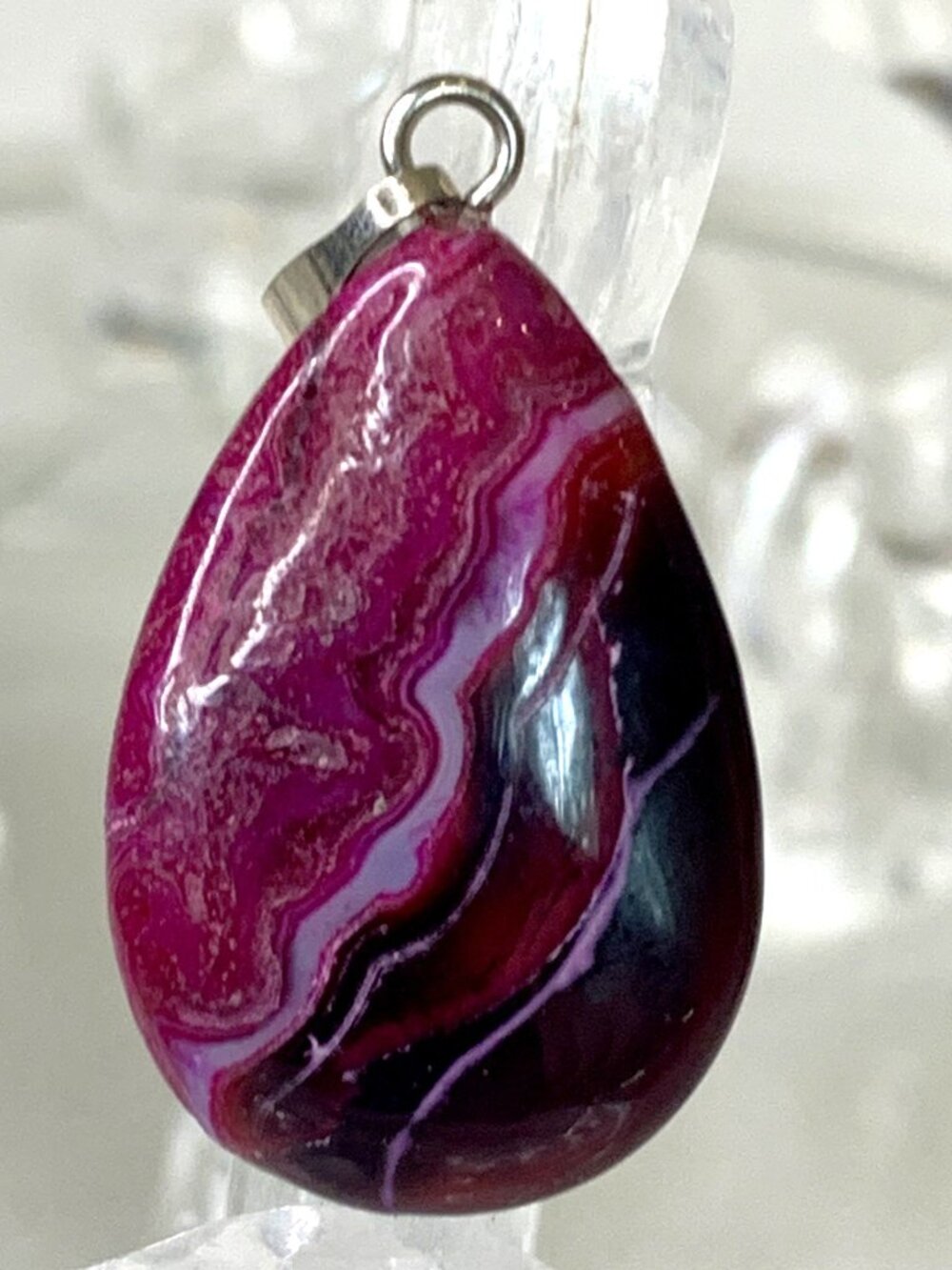 Pink Dragon Veins Agate Teardrop Pendant Deep Rose Purple Banded Swirling Colors